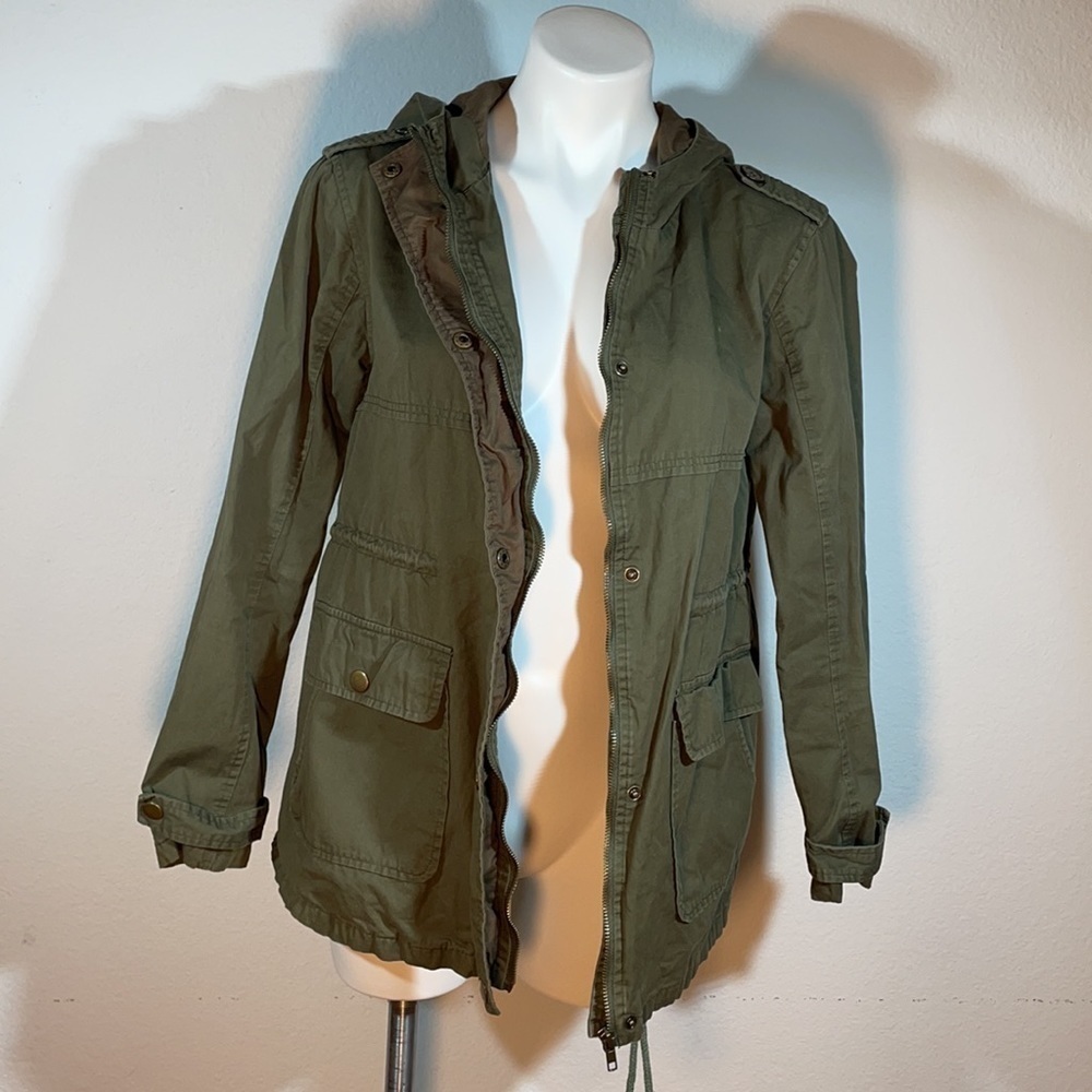 ark & co olive green, long hooded cargo jacket with a draw string waist. Medium - Picture 8 of 15